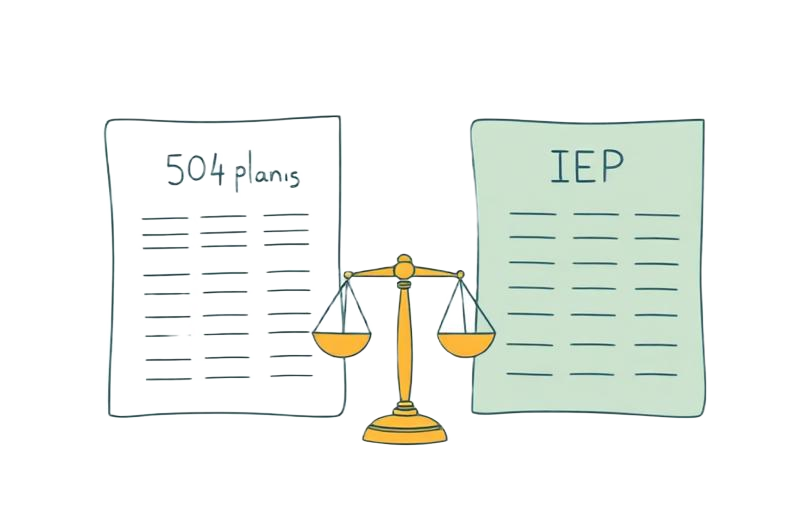 Illustration comparing 504 plan and IEP documents with a balance scale