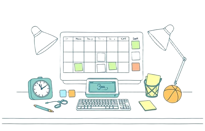Illustration of a classroom desk with visual schedule, timer, and fidget tools