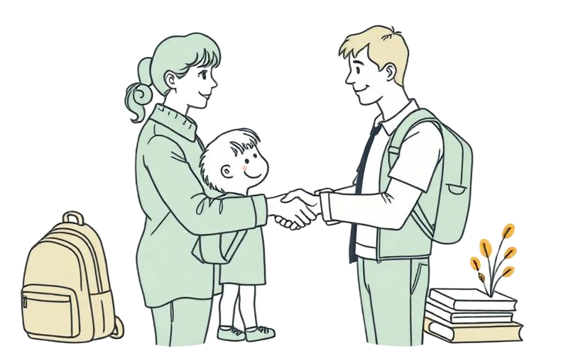 Illustration of a parent and tutor meeting with a child
