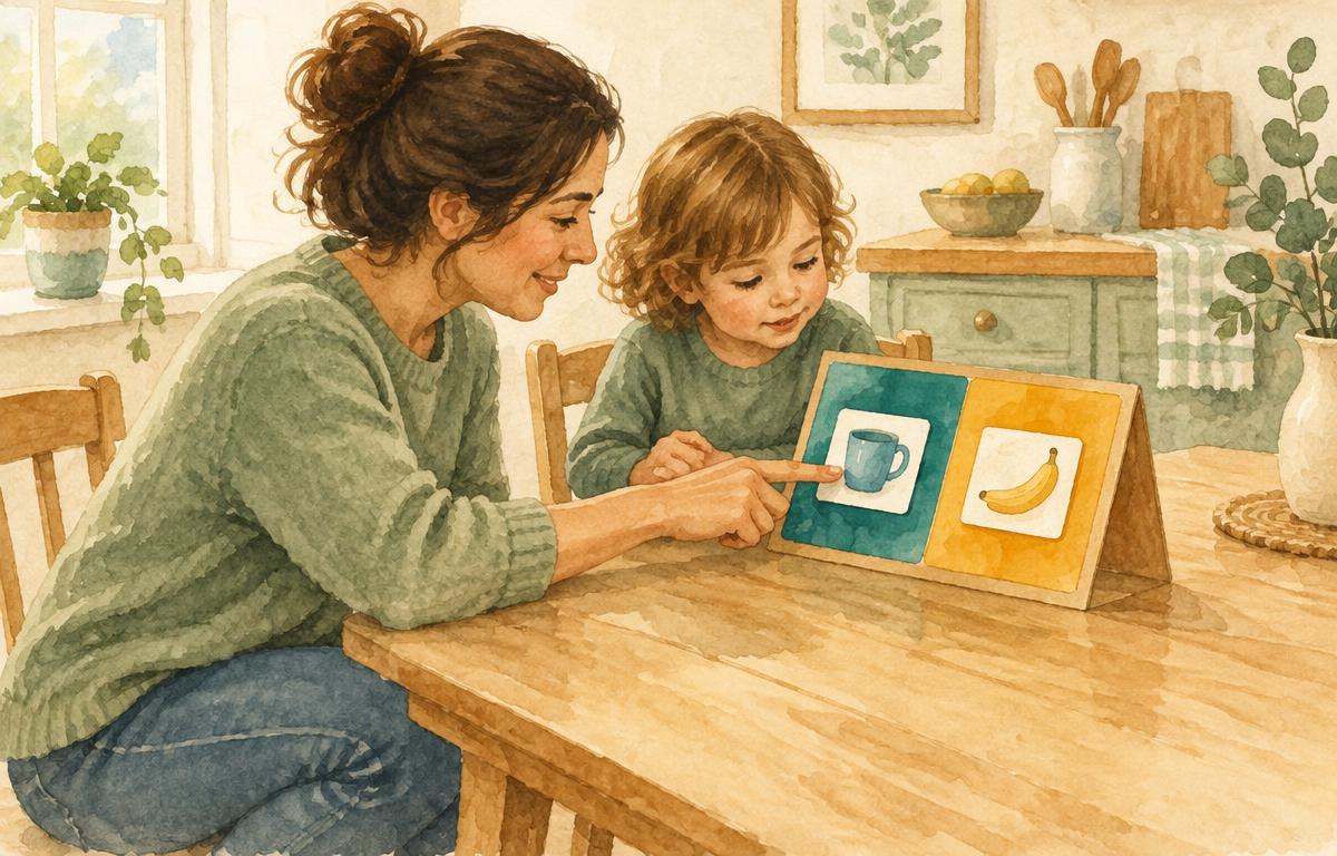 Watercolor of a parent showing a child a first-then picture board