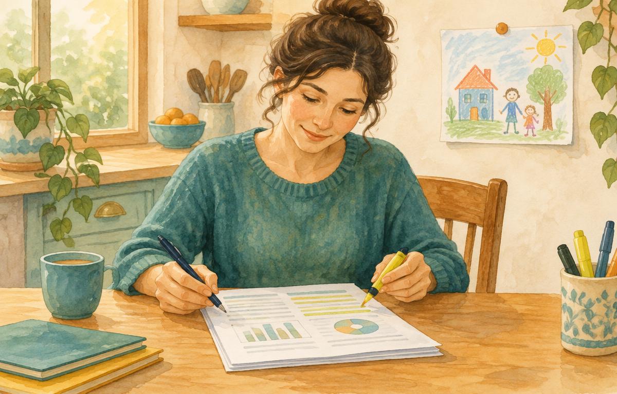 Watercolor of a parent at a kitchen table reviewing a school evaluation report