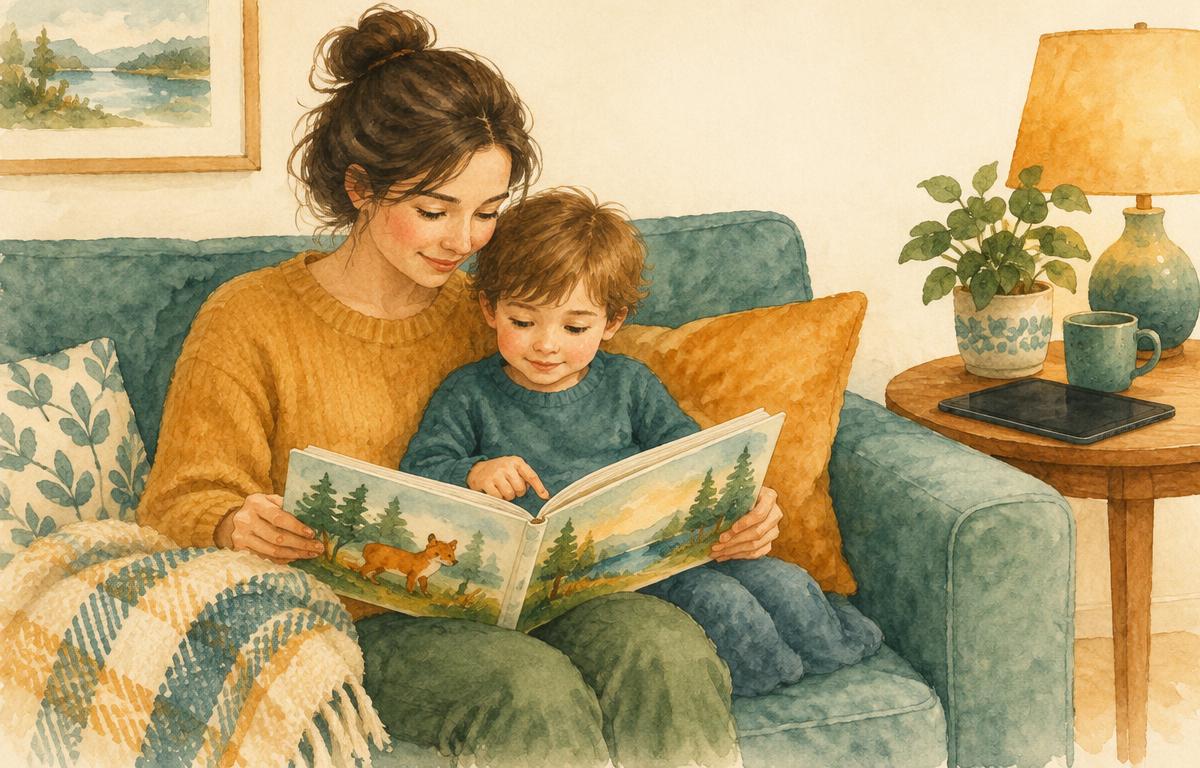 Watercolor of a parent and child reading a picture book with a tablet set aside