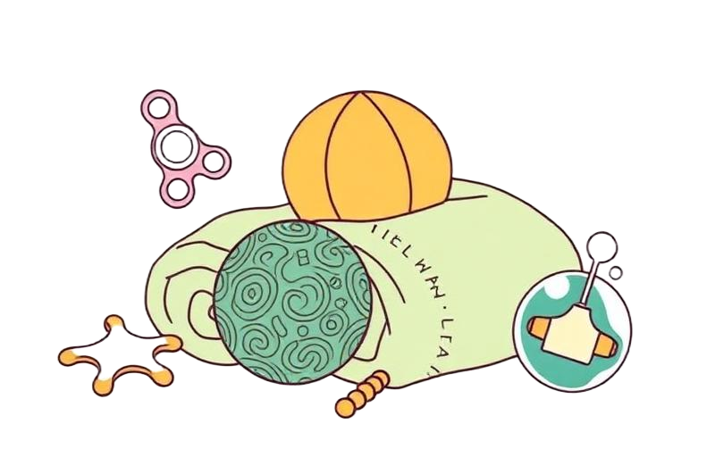 Hand-drawn illustration of sensory toys for autistic children across ages