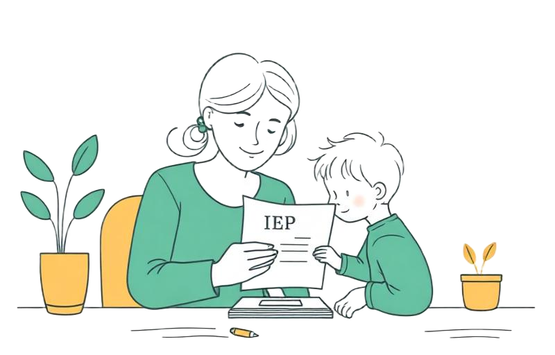 Illustration of a parent and child reviewing an IEP document together