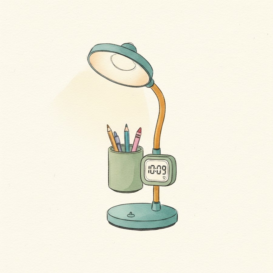 Hokone LED Desk Lamp with Pen Holder, Clock & Timer — hand-drawn illustration of ADHD focus tool