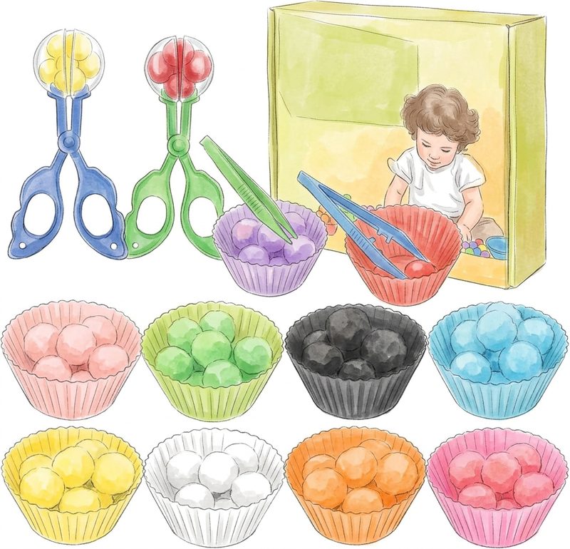 iCraftine 114 PCS Fine Motor Skills Sensory Bin Filler Includes 10 Sorting Bowls, 100 iCraftine 114 PCS Fine Motor Skills Sensory Bin Filler Includes 10 Sorting Bowls, 100 — hand-drawn illustration of sensory tool