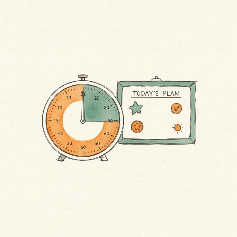Visual Timer for Kids with 99-Minute Countdown & Planning Board — hand-drawn illustration of ADHD focus tool